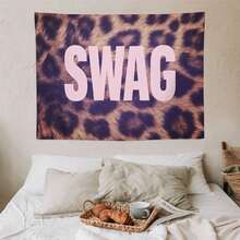 Leopard Print Pink SWAG Slogan Wall Tapestry, Y2K Street Style Wall Hanging For Bedroom Dorm, Perfect Gift For Teens & Streetwear Lovers - White 1pc - View 5