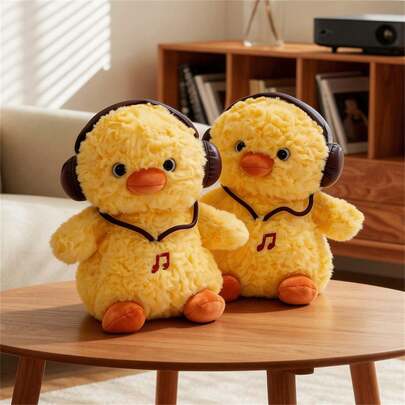 23cm/9.05inch Chick Plush Toy With Headphones, Music Embroidered Symbol On Belly, Soft And Fluffy Stuffed Animal, Creative Birthday Gift, Mother's Day Gift, Graduation Gift, Wedding Decoration