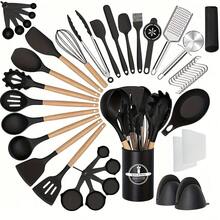 46件套不粘硅胶厨具套装，木柄厨房用具，烘焙烹饪最佳厨房小工具 - 彩色 - 查看 1
