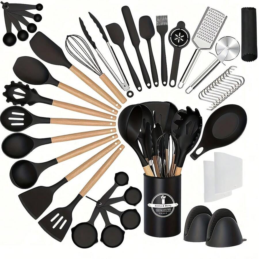 46件套不粘硅胶厨具套装，木柄厨房用具，烘焙烹饪最佳厨房小工具 - 彩色 - 查看 1