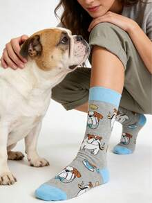 1双男女通用灰色斗牛犬可爱小狗图案休闲中筒袜，适合所有季节，男女皆宜 - 灰色 - 查看 4