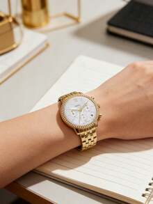 Fossil Neutra ES5358 女士金色水晶镶嵌珍珠贝母表盘计时腕表 - 白色 - 查看 2