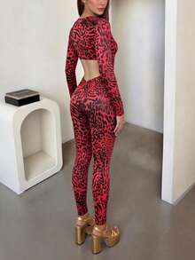 DOUCIU Leopard Print V-Neck Long Sleeve Backless Fitted Jumpsuit Daily Casual Sporty - Red - View 2