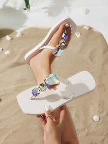 Original Design Fashionable Luxury Large Glass Square Toe Thong Sandals, Flip Flops, Soft Bottom Beach Holiday Shoes, Detachable Decorative Chain, New Summer Collection - White - View 5