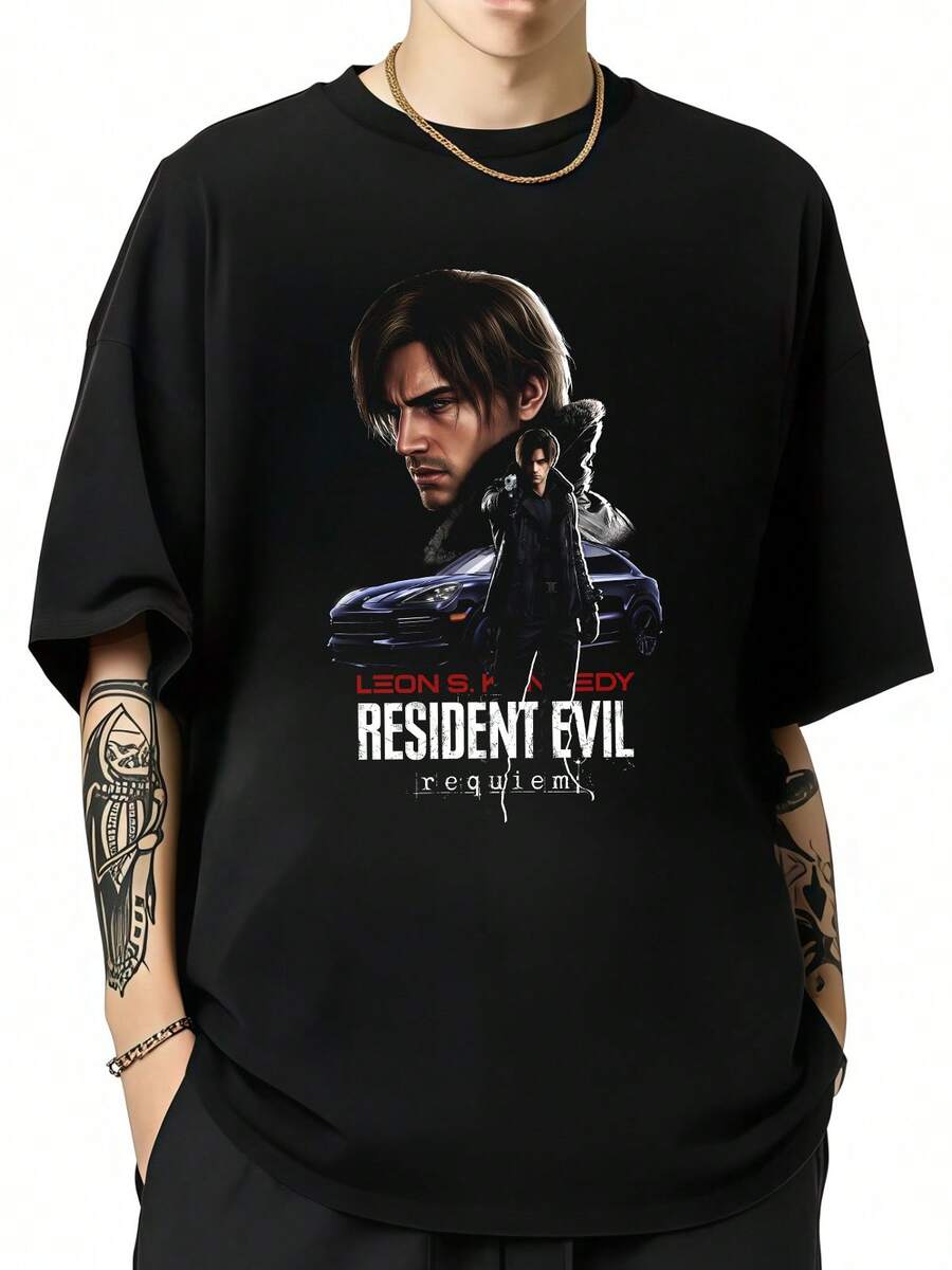 Leon S. Kennedy Residents Evil Requiem Fan Art Gaming Cotton T-Shirt Gift For Residents Evil Fans - Black - View 1