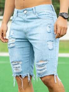 Pantalones cortos vaqueros de corte slim con estilo casual lavado para hombre - Lavado ligero - Ver 2