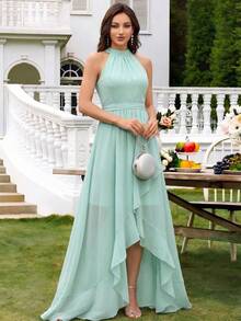 薄荷绿雪纺露背吊带中长连衣裙，无袖露肩收腰中长连衣裙，法式浪漫不对称荷叶边下摆连衣裙，伴娘礼服，适合日常穿着、度假和约会，优雅的吊带伴娘礼服 - 綠色 - 查看 3