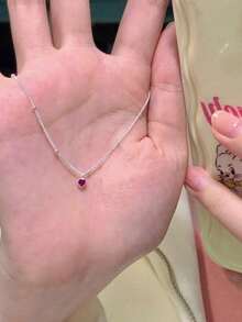 1件铜质奢华锆石心形吊坠项链，心形优雅颈链，迷你粉色心形吊坠，简约不锈钢心形颈链 - 銀色 - 查看 4