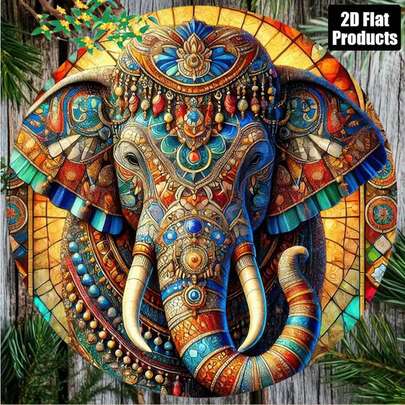 1 件装大象主题圆形金属墙饰 - 鲜艳的 2D 复古印花设计，耐用铁艺装饰，适用于家居、花园、咖啡馆和农舍 - 送给艺术爱好者的完美礼物，大象装饰，精致金属工艺，2D 平面艺术，预钻孔（尺寸见图）