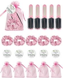 Meoky 4/20pcs Set Includes Pink Heart Pattern Folding Air Cushion Comb, Mirror, Cards, Drawstring Pouch, And Hair Ties (4pcs Per Set, 5 Sets Of 20pcs Total), Suitable For Women, Bridesmaids, Wedding Gifts, Celebrations, Birthday Parties, Valentine's Day, Mother's Day - Pink - View 6