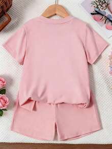2 piezas Conjunto de camiseta de manga corta y pantalones cortos de verano versátil para niñas, camiseta con estampado floral dulce y pantalones cortos de 5 pulgadas, tela cómoda, conjunto casual refrescante - Rosa - Ver 2