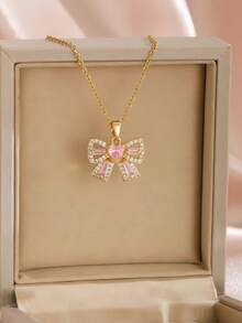 1pc Fashionable Cute Pink Zirconia Bow Tie Necklace, Suitable As Birthday Gift For Girls - Gold - View 1