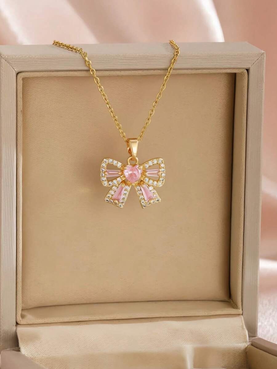 1pc Fashionable Cute Pink Zirconia Bow Tie Necklace, Suitable As Birthday Gift For Girls - Gold - View 1