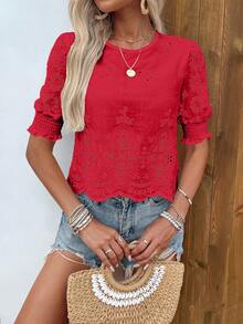 Women's Spring/Summer Solid ColorFabric Floral Embroidery Elastic Lotus Sleeve Blouse Red - Red - View 4