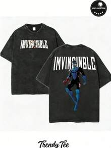230G Washed Pure Cotton T - Shirt, Men'S Casual Fashion, With "IMVINCIBLE" Anime Character Print, Outdoor Sports T - Shirt |   Loose Fit |   Soft Knitted T - Shirt - 黑色 - 查看 1