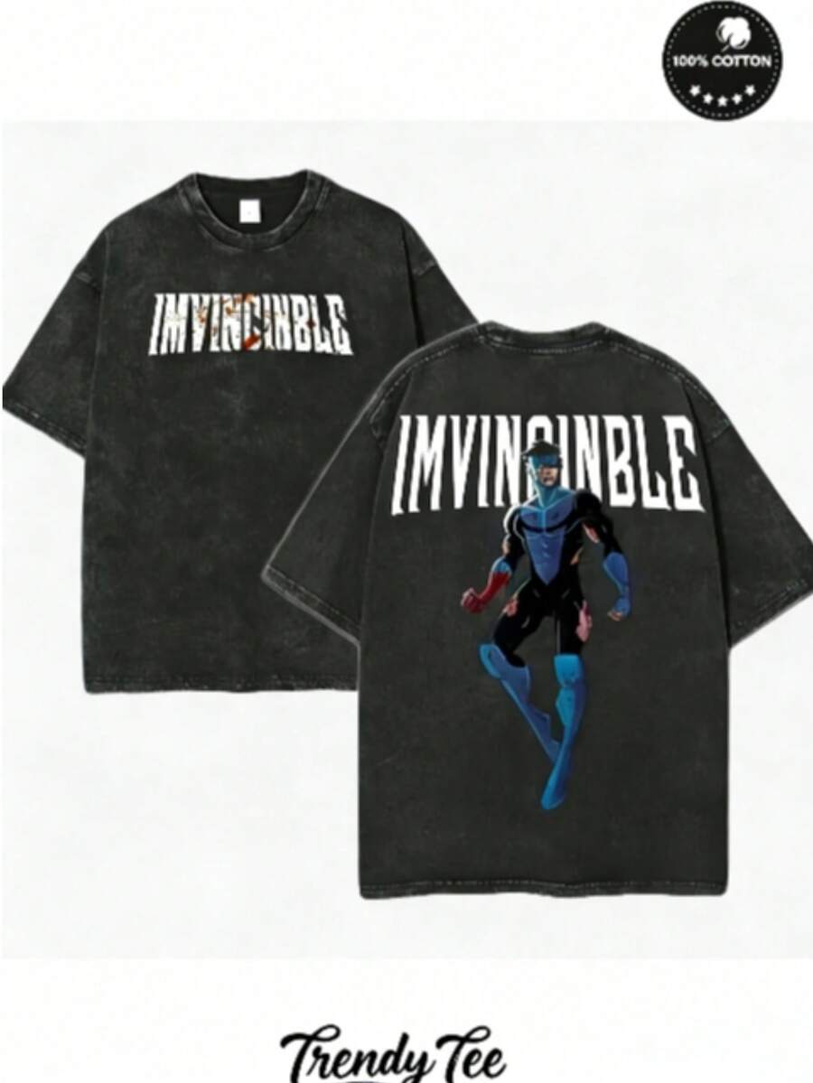 230G Washed Pure Cotton T - Shirt, Men'S Casual Fashion, With "IMVINCIBLE" Anime Character Print, Outdoor Sports T - Shirt |   Loose Fit |   Soft Knitted T - Shirt - 黑色 - 查看 1