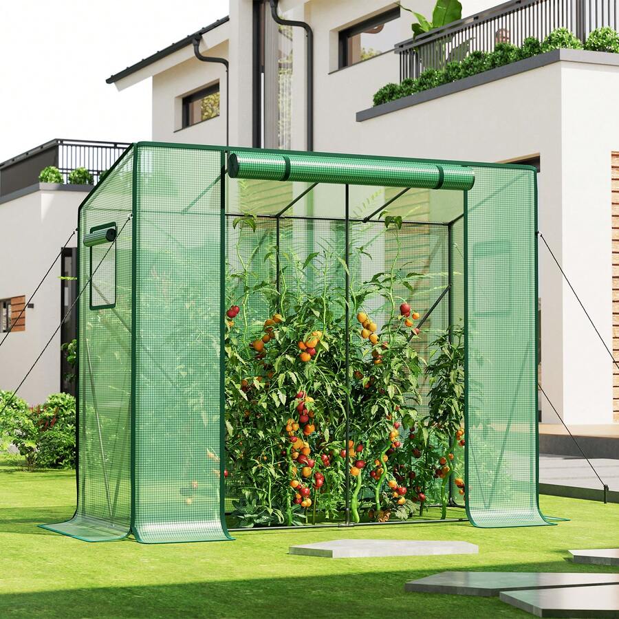 Gewächshaus, Foliengewächshaus, Tomatengewächshaus Balkon, Tomatenhaus Stabil, 200 x 77,5 x 170 cm, mit PE Gitterfolie und Fernster, Schrägdach, Garten - Grün - Übersicht 1