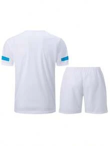 Set de 2 piezas de ropa deportiva de verano para hombres, camiseta de manga corta de cuello redondo + pantalones cortos deportivos - Blanco - Ver 2