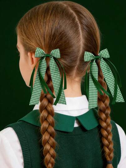 2pcs Girl's Casual Versatile School Style Dual-Tone Plaid Bow Ribbon Hair Scrunchies