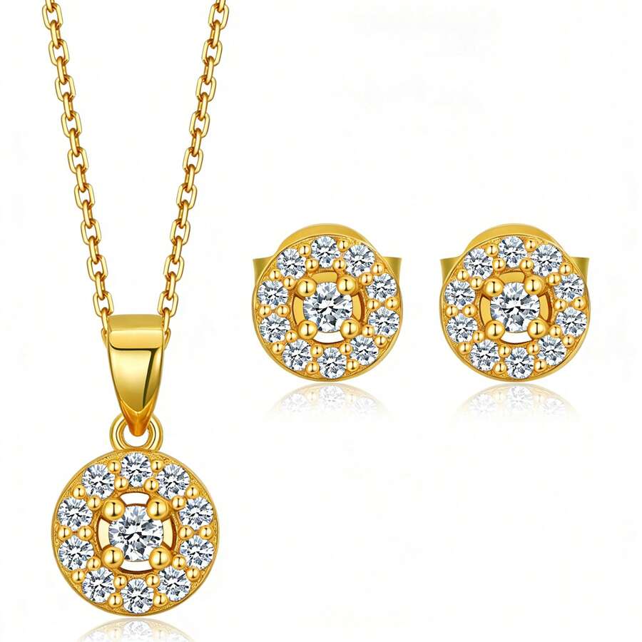 925纯银镀18K金圆形锆石吊坠首饰套装，女士优雅光环项链和耳环，时尚日常佩戴礼品 - 金黃色 - 查看 1