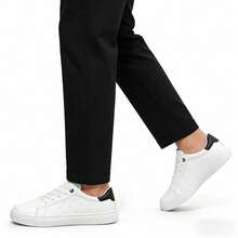 Men's Black & White Leather Sneakers, Soft, Breathable, Durable, Lace-Up Low-Top Embossed Pattern Design, Casual Streetwear Vacation Shoes For Spring & Autumn - White - View 2