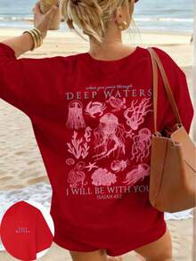 Women's Summer New Simple Cute Marine Life Print Casual Vacation Style Loose Versatile Round Neck White Short-Sleeved T-Shirt Fashionable Daily Tops Suitable For Daily Vacation Wear. Graphic Tees Women Pink Top-Unisex Comfortable Vintage Street Style Loose-Fit Washed T-Shirt - 紅色 - 查看 10