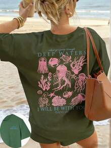 Women's Summer New Simple Cute Marine Life Print Casual Vacation Style Loose Versatile Round Neck White Short-Sleeved T-Shirt Fashionable Daily Tops Suitable For Daily Vacation Wear. Graphic Tees Women Pink Top-Unisex Comfortable Vintage Street Style Loose-Fit Washed T-Shirt - 綠色 - 查看 13