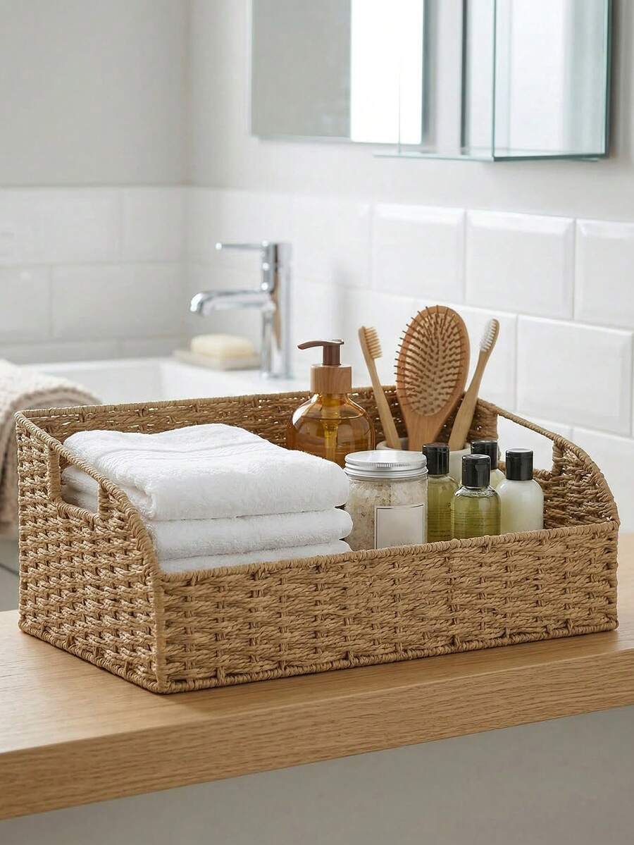 1 chiếc/3 chiếc (S+S+L) Giỏ đựng đồ hình chữ nhật đan bằng giấy, Giỏ đựng đồ đan thủ công kiểu Bohemian có tay cầm, Giỏ đựng đồ đan thủ công dùng để trang trí kệ phòng khách, đựng giấy vệ sinh, đồ trang trí bàn, đồ chơi và chìa khóa. - Màu be - Xem 1