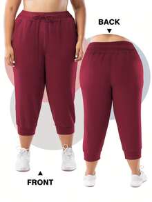 2-Pack Plus Size Women's High-Stretch Drawstring Jogger Capris - Side Pockets, Relaxed Cuffed Ankle, Year-Round Wear - 黑色+紅色 - 查看 7