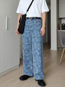 ONE.DINY 男士宽松直筒提花牛仔裤，中腰无弹力休闲裤 - 藍色 - 查看 3