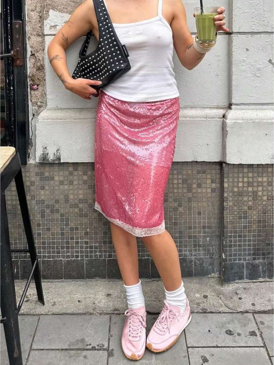 Women's Y2k Sequin Midi Skirts Lace Trim Knee-Length Skirt Sparkly Summer Bodycon Low Rise Skirts See Through Casual Dating Going Out Outfit Beach Vacation Aesthetic Clothes Streetwear Party Clubwear - Hồng - Xem 1