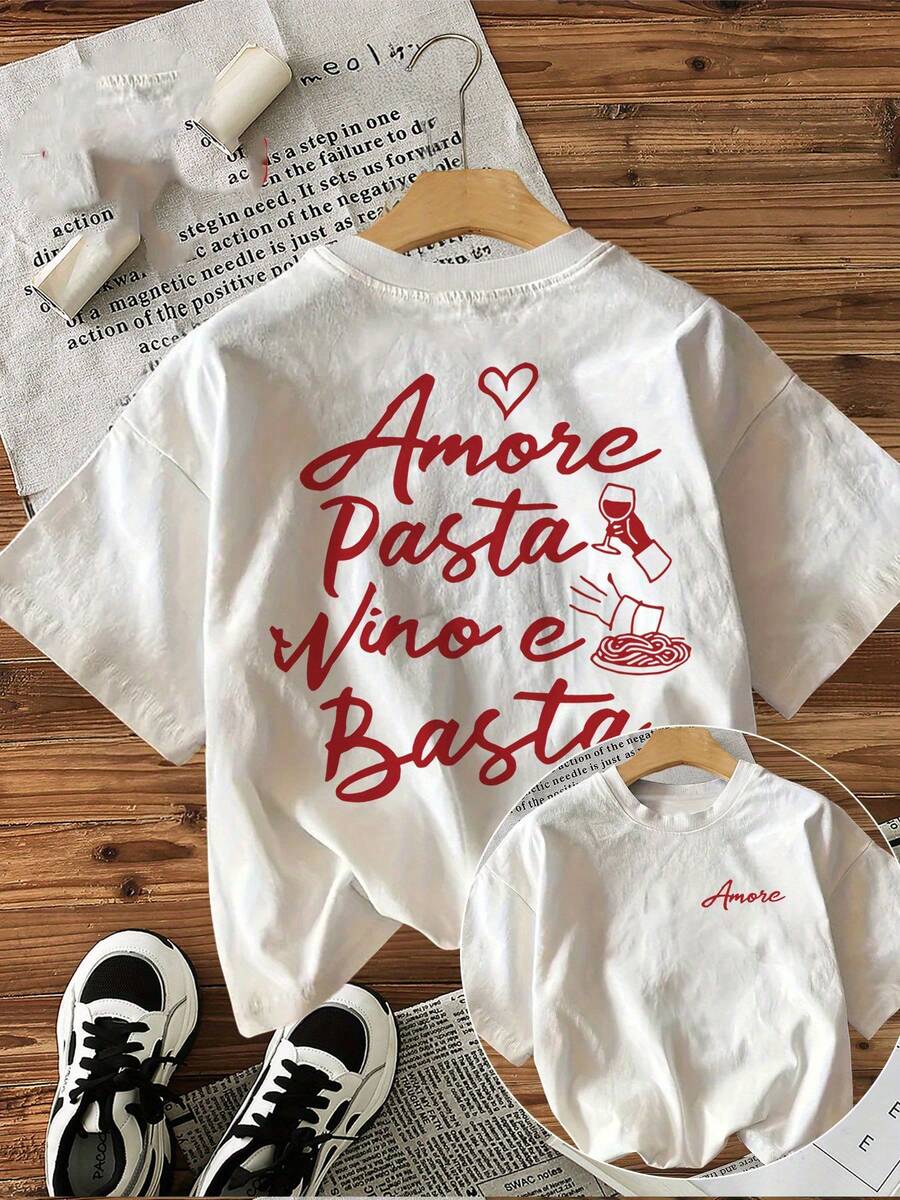 Camiseta casual holgada de mujer de unicolor con cuello redondo y manga corta, con estampado de pasta italiana en blanco para el verano - Blanco - Ver 1