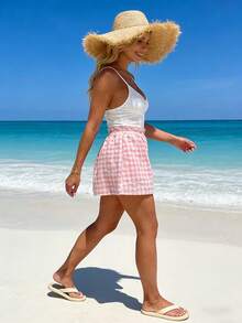 男士条纹格子高腰弹力宽松休闲沙滩度假短裤，带口袋，粉色 - 粉色 - 查看 6