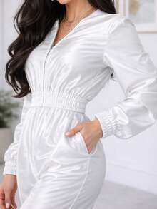 Women's Set: Long-Sleeved Blouse With Shoulder Pads And Jogger Pants In Thick Satin Crepe With Elastane, Fitted Cuffs, Stylish, Modern And Sophisticated - 白色 - 查看 3