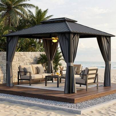 10'x12' Hardtop Gazebo, Aluminum Frame Metal Canopy With Double Roof, Outdoor Gazebo With Breathable Netting & Privacy Curtains, Pavilion For Patios For Backyard Deck Dark Grey