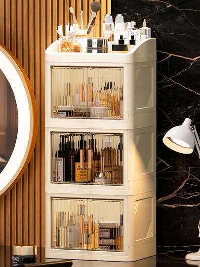 1个多功能可折叠桌面双门化妆品收纳盒，大容量防水防尘塑料整理盒，适用于梳妆台、浴室，可收纳化妆品、美甲工具、指甲油和胶水，可放置口红、刷子、乳液、眼影、指甲油和首饰，适用于卧室、浴室、房间、家居、粉色房间、客厅装饰