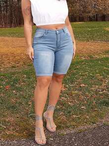 Plus Size Women's Distressed Skinny Biker Jeans - Stretchy Denim & Slim Fit Casual Summer - Light Wash - View 5