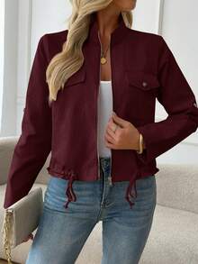 女士轻便立领飞行员夹克 - 时尚拉链飞行夹克，配有装饰性前袋和可调节抽绳下摆，是春秋季理想的休闲街头风外套。 - 紅色 - 查看 4