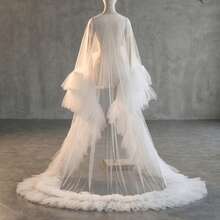 1件装时尚婚礼披肩，宽褶边长拖地礼服配饰，派对晚宴T台披风 - 彩色 - 查看 7