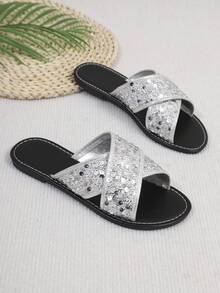 Dép lê quai chéo đính sequin nhiều màu sắc lấp lánh, kiểu dáng thời trang, đa năng cho mùa hè. - Bạc - Xem 6