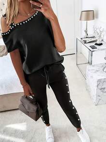 Conjunto de 2 piezas de top sin mangas y pantalones de moda casual para mujer, color negro para verano - Negro - Ver 1
