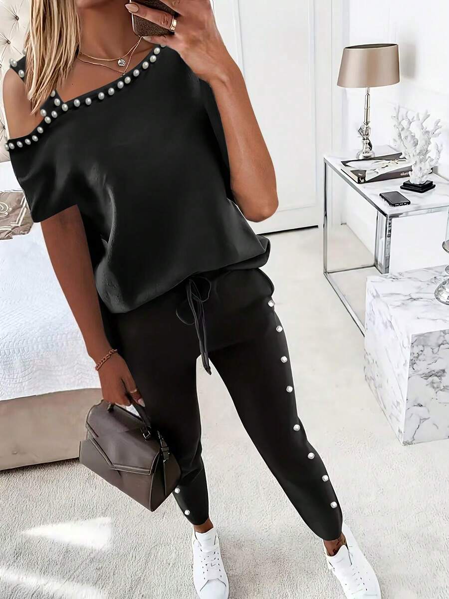 Conjunto de 2 piezas de top sin mangas y pantalones de moda casual para mujer, color negro para verano - Negro - Ver 1