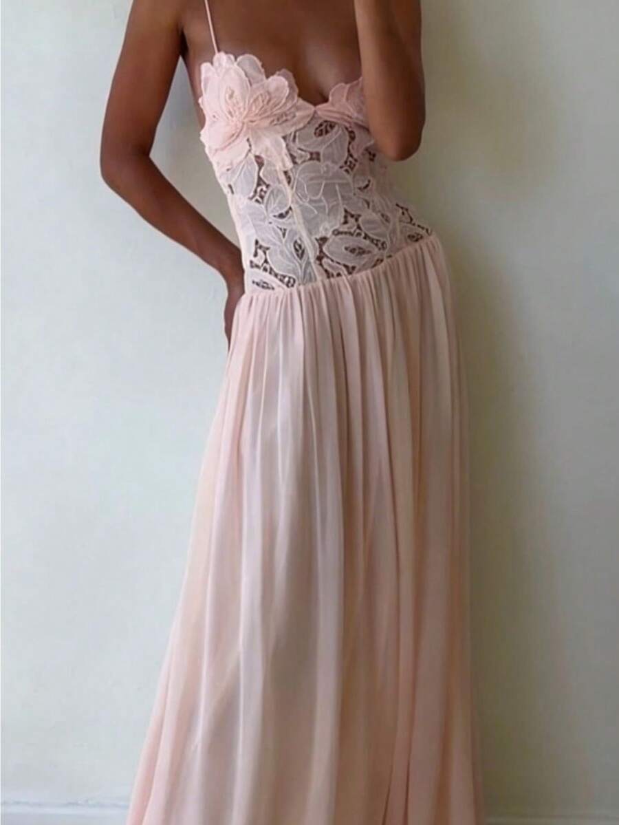 Sexy Spice Girl Casual Vacation Wind Embroidery Water Soluble Lace Hollow Splicing Chiffon Suspender Dress - 粉色 - 查看 1