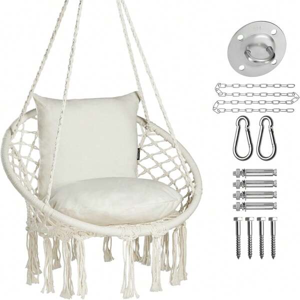 Macrame Hammock Chair Hanging Swing Chair With 2 Cushions & Hardware Kit Max 330 Lbs For Indoor Outdoor Bedroom Patio Garden Beige