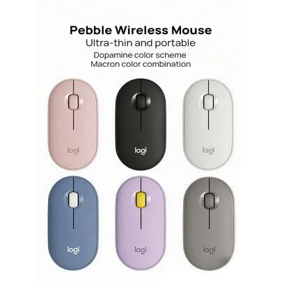 Logitech Wireless Mouse, Ultra-Thin And Portable, Bluetooth/USB Dual-Mode Connection, Suitable For Office Laptops, Dopamine-Toned Macaron Color Scheme, Silent Clicking.