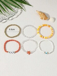 6件套休闲度假风仿绿松石海星串珠手链套装，适合女性日常、度假、冲浪等场合佩戴 - 彩色 - 查看 5