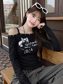 Áo len nữ dáng rộng vai, in chữ và hoa, tay dài, ngọt ngào và dễ thương, màu đen, thích hợp cho mùa thu/đông xuân. - màu đen - Xem 3