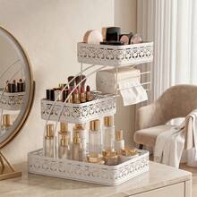 Senmeo 1pc Sleek 3-Tier Metal Cosmetic Organizer (No Installation), Space-Saving For Dressing Table/Bathroom - Họa tiết đen - Xem 2