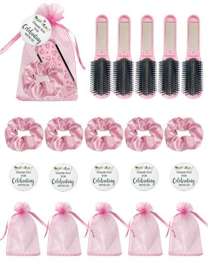 Brodark 4/20pcs Set Includes Pink Heart Pattern Folding Air Cushion Comb, Mirror, Cards, Drawstring Pouch And Hair Ties (4pcs Per Set, 5 Sets Of 20pcs Total), Suitable For Women, Bridesmaids, Wedding Gifts, Wedding Celebrations, Birthday Parties, Valentine's Day Gifts