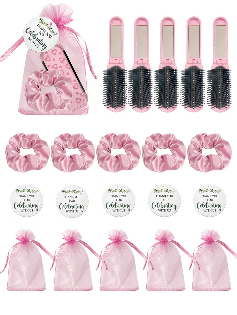 Meoky 4/20pcs Set Includes Pink Heart Pattern Folding Air Cushion Comb, Mirror, Cards, Drawstring Pouch, And Hair Ties (4pcs Per Set, 5 Sets Of 20pcs Total), Suitable For Women, Bridesmaids, Wedding Gifts, Celebrations, Birthday Parties, Valentine's Day, Mother's Day - Pink - View 1